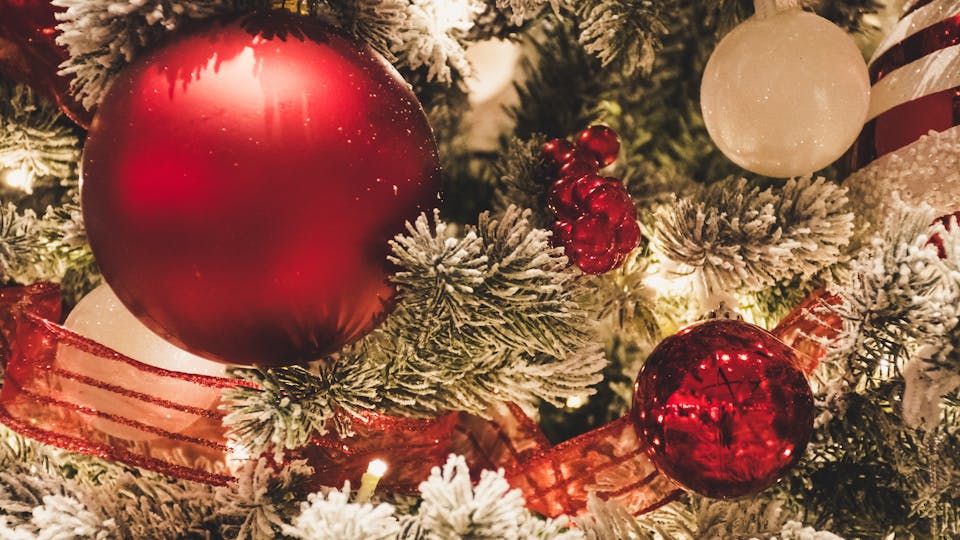 Close-up of festive Christmas tree decorated with red and white ornaments and snow-covered branches.